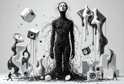 The primary subject of the image is a black and white illustration of a person, possibly a woman, with a long, twisted, and tangled body. The setting is a white background, and the visual style is a combination of digital art and illustration. The colors and mood of the image are dark and mysterious, with the black and white color scheme adding to the overall atmosphere.